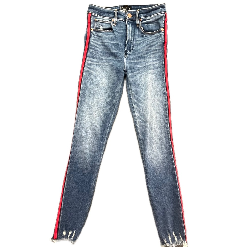 Abercrombie & Fitch Women's Blue Denim Ankle Jeans with Red Side Stripe